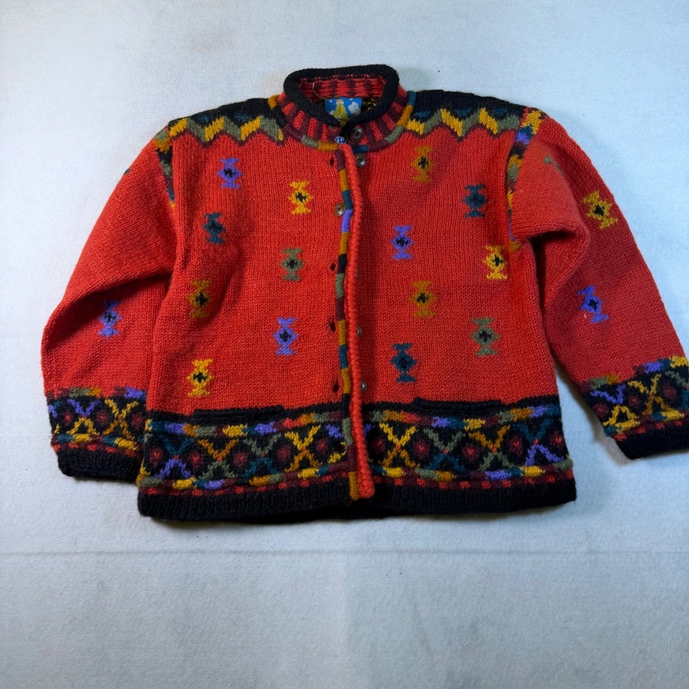 Newari Icelandic Design Red Wool Handcrafted Nepal Cardigan Sweater S/M 7061 - Picture 2 of 4